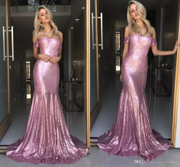 

розовое розовое с плеча блестками платья русалки выпускного вечера 2019 элегантный развертки поезд формальные длинные вечерние платья женски, Black