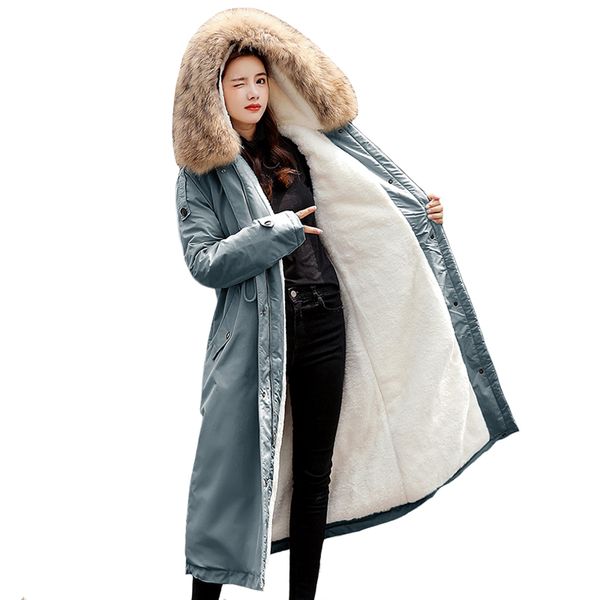 

30 degrees snow wear x-long parkas winter jacket women fur hooded female overcoat fluff lining thick winter coat women clothess, Tan;black