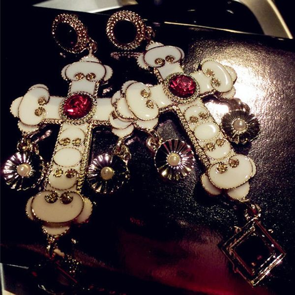 

new euramerican palace vintage pop baroque style brand jewelry rhinestone red gem cross earrings pendientes women's accessories, Golden