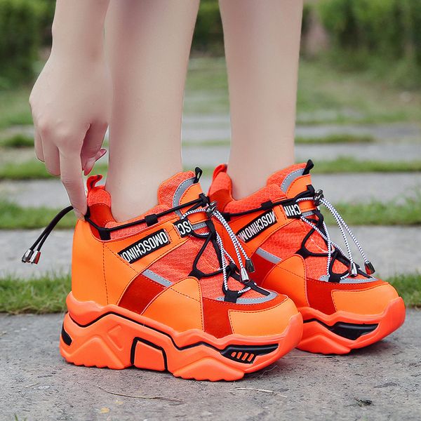 

2019super high heels platform shoes women casual vulcanized shoes woman autumn lace-up sneakers wedges shoes for women round toe y200424, Black