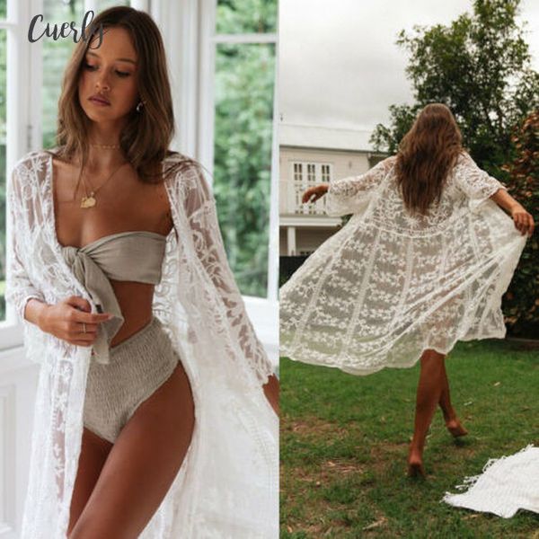 

see through women lace kimono beach blouses woman cardigan cover up wrap long blouse 2020 new arrival, White