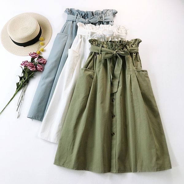 

summer women skirt with belt bow design fashion a-line solid color ruffles saias cotton midi skirt boho vintage white sun, Black
