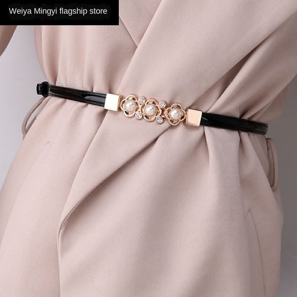 

adjustable patent leather pearl flower thin belt accessory dress women's all-match decorative dress sweater accessories belt waist, Black;brown