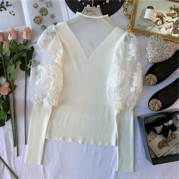 

элегантный кружева вышитые bubble sleeve perspective трикотажная рубашка женщины stretch mesh прошитой свитер прицепные femme, White;black