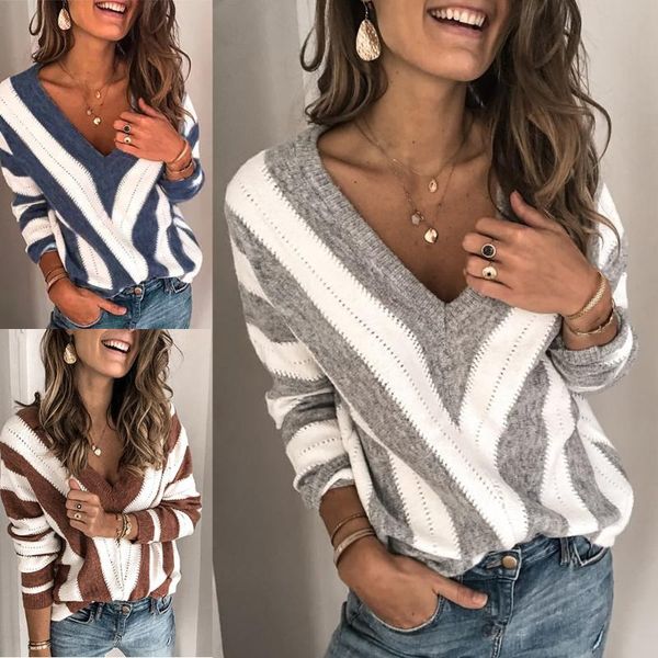 

women casual v-neck stripe elegant loose sweater pullovers, White;black