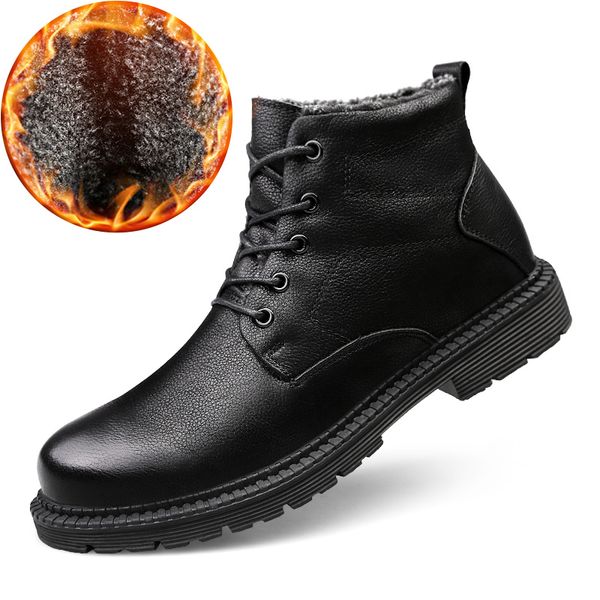 

snow winter men boots warm men's fashion large size lace-up thick shoes male genuine leather ankle boots with fur, Black
