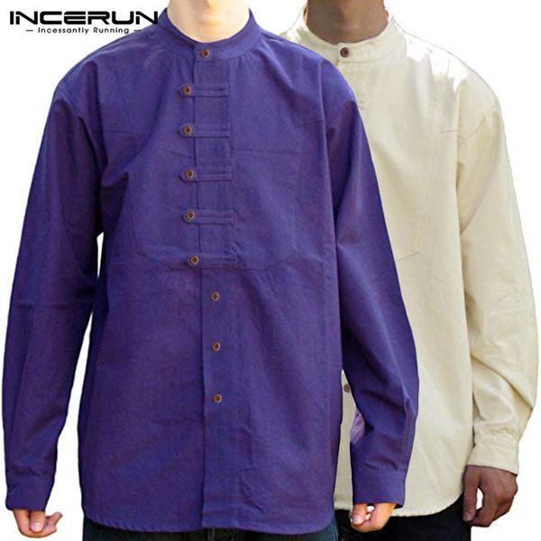 

incerun retro casual men shirt pure color traditional comfort long sleeve trend chic buckle streetwear cotton mens blouse, White;black