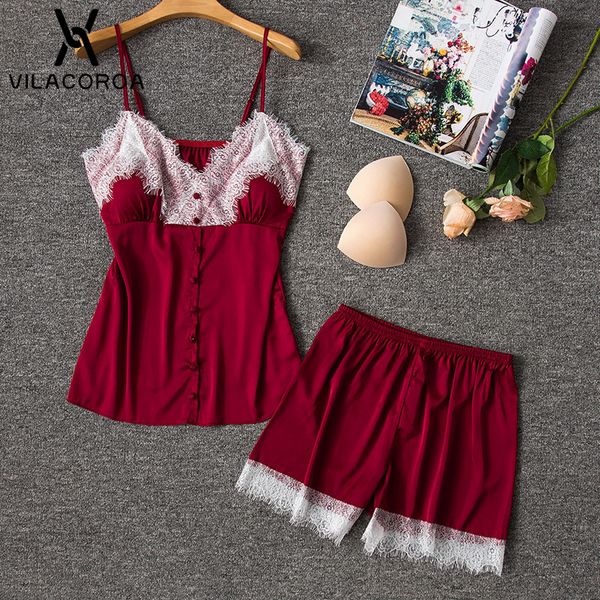 

summer chiffon women pajama set red pink lace stitching botton v-neck sleeveless camis open back + shorts pajamas for women, Blue;gray