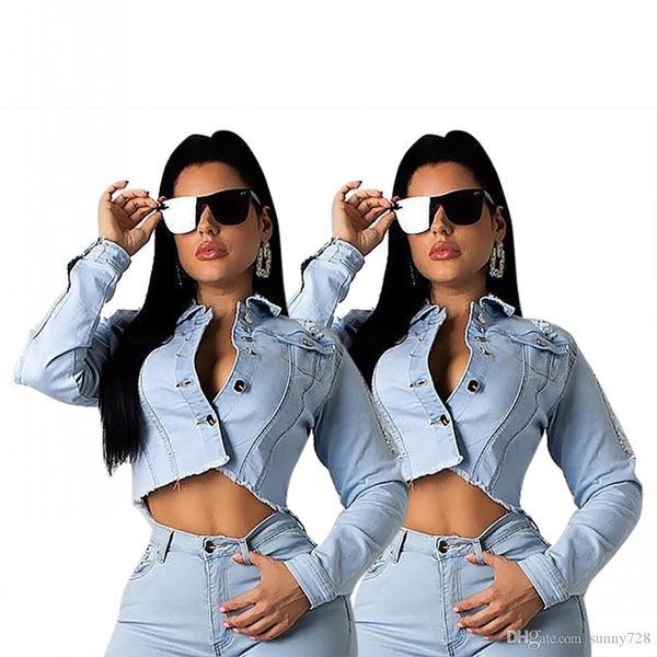 

2019 women light blue washed denim short jackets fashion hollow out chain back buttons long sleeves cool coats outwear club jacket, Black;brown