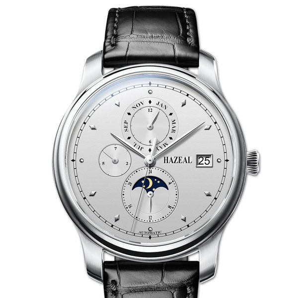 

mens watches,wrist watch men hazeal man automatic wristwatch waterproof mechanical reloj dress montre leather strap, Slivery;brown