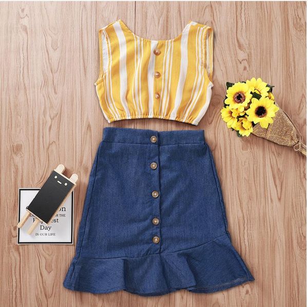 

girl o-neck collar sleeveless and jeans skirt set baby summer strip t-shirt and dress suit baby sweet clothes two pieces zht 273, White