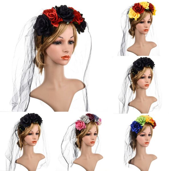 

halloween day of the dead veil corpse bride roses mexican fancy dress flower hairband headband halloween party costume accessory
