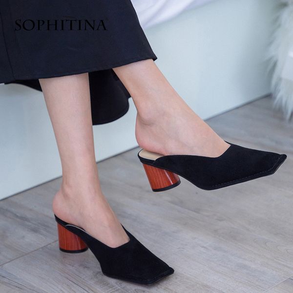 

sophitina fashion mules 4.5cm high round heel handmade shoes woman shallow kid suede slip-on square toe concise lady pumps so103, Black;white