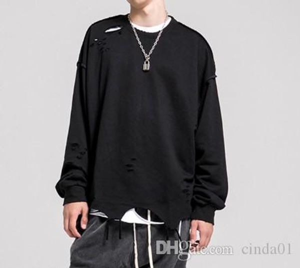 

mens hoodies solid color high street cut retro hole distressed loose sweater long sleeve t-shirt europe and america hoodies pullover fashion, Black