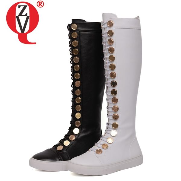 

zvq woman shoes winter warm new fashion metal decoration genuine leather zip knee high boots outside comfortable round toe shoes, Black