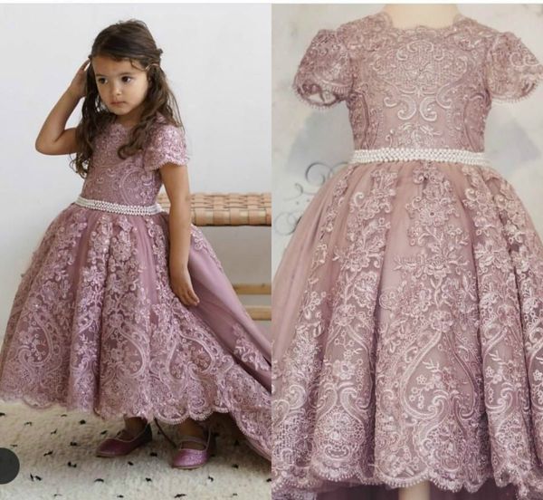 

dusty pink high low flower girl dresses for wedding jewel neck short sleeve lace appliques toddler pageant dress pearls sash belt, White;blue