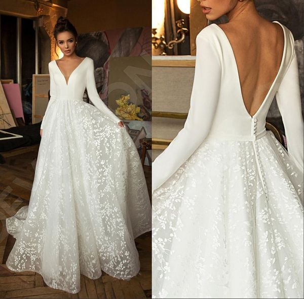 

boho modern long sleeve wedding dresses v neck covered button backless lace train bridal gown vestido de novia, White