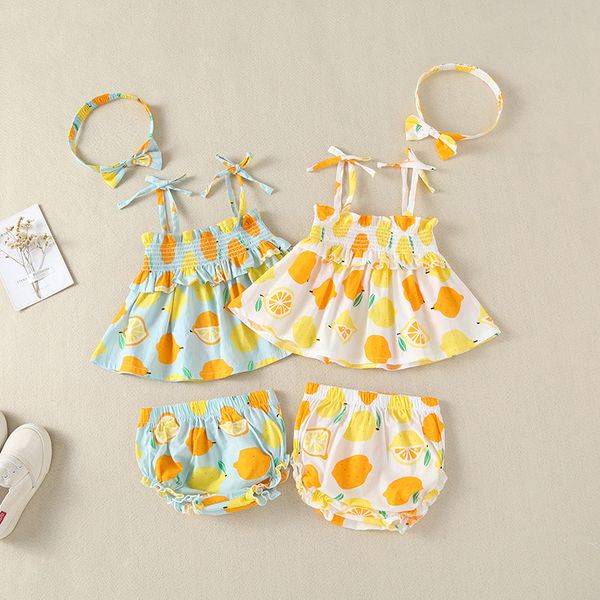 

baby girls clothes set 2019 summer girls dress +headband +panties baby clothes lemon sling dress set, Red;yellow
