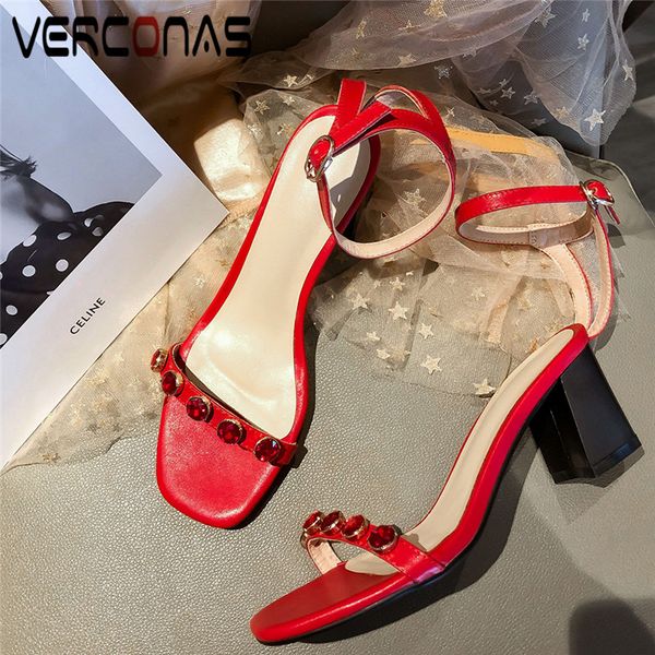 

verconas 2020 woman sandals classic design woman pumps summer genuine leather rhinestone square toe square heeled shoes, Black