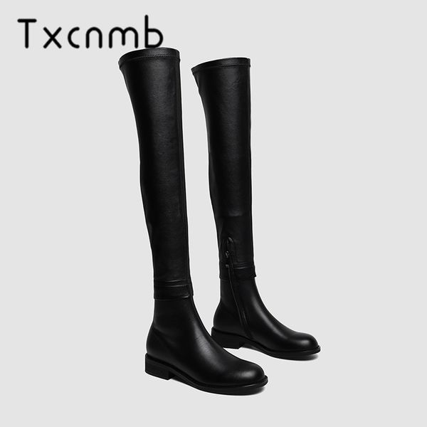 

txcnmb genuine leather women boots low heels round toe woman over the knee boots sweet office dress shoes woman, Black