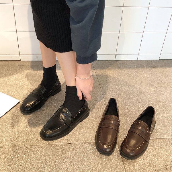 

korean shoes square toe all-match british style women's heels rivets studs casual female sneakers autumn oxfords flats loafers, Black