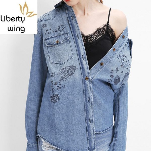 

spring new embroidery long sleeve denim women fashion washed cotton jean shirts single breasted blouse female, White