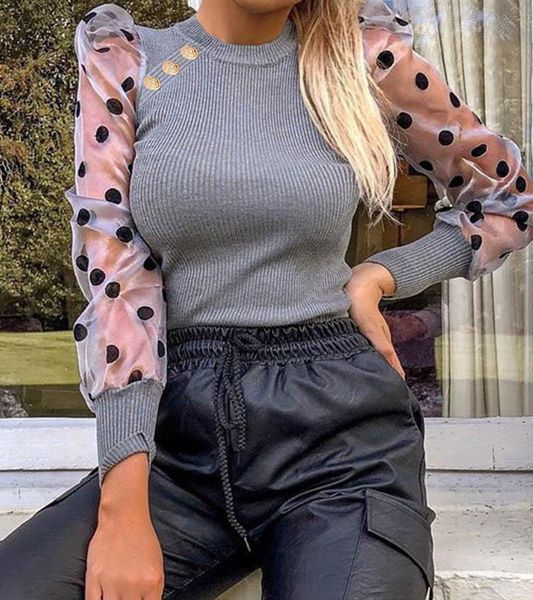 

women's clothes polka dot puff sleeve shirt crew neck shirt women's tight solid color coat, White