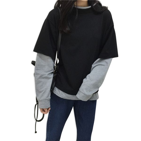 

korean women hoodies pullover black gray color matching fake two pieces long-sleeved loose sweatshirts meleton mujer