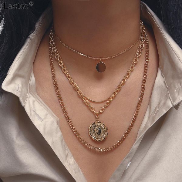 

lacteo vintage golden carved coin virgin mary face pendant necklace for women hip hop multi layer clavicle chain choker necklace, Silver