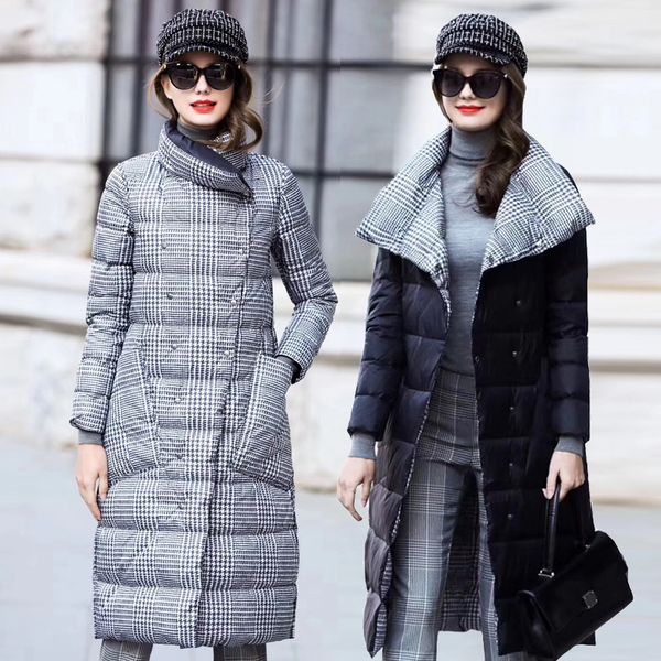 

duck down jacket women winter long thick double sided plaid coat female plus size warm down parka for women slim clothes 2019, Black