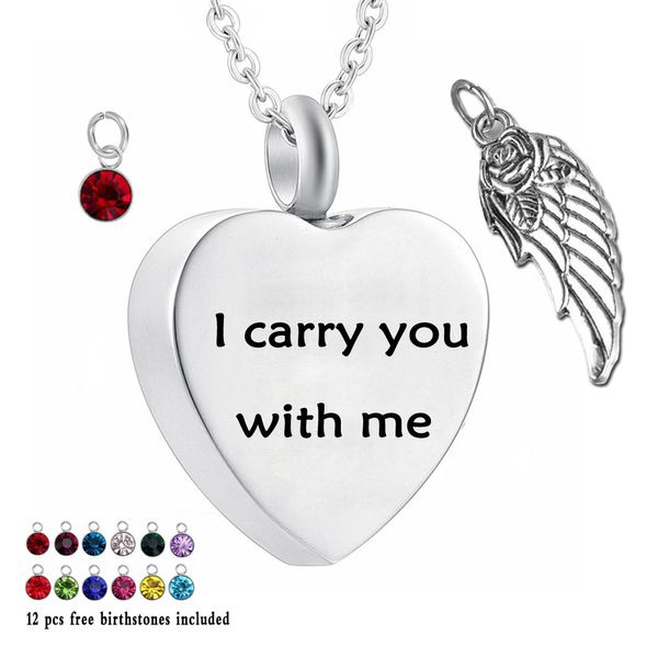 

i carry you with me - 12 piece birthstone crystal urn necklace heart memorial keepsake holder pendant ashes cremation jewelry, Silver