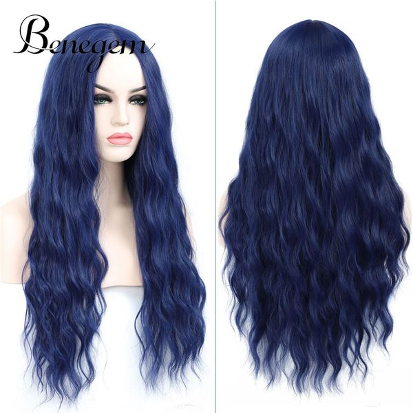 

benegem dark blue women wig long wavy synthetic heat resistant party wigs non-lace cosplay costume wig 26 inch 66 cm, Black