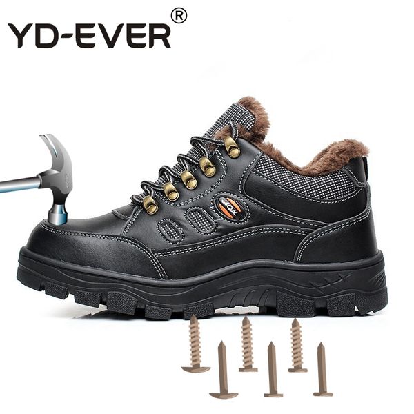 

boots yd-ever men work safety shoes big size genuine leather for toe warm protective footwear, Black