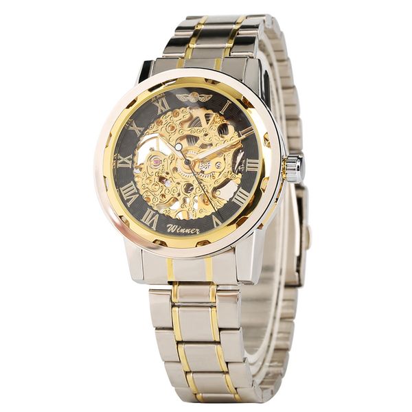 

stainless steel band man wrist watch gold skeleton dial hand wind mechaincal watches men casual fashion male clock father's gift, Slivery;brown