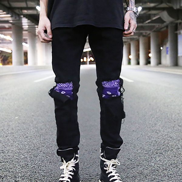

plegie bandana patchwork ripped on knee men's jeans high street jeans men hip hop denim pants slim fit black joggers, Blue