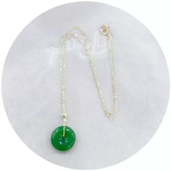 

zheru jewelry only pure 18k gold inlay natural hetian jasper spinach green 14mm donut pendant necklace gift, Silver