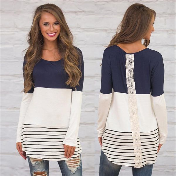 

autumn women's back stitching striped long sleeve autumn women's lace back stitching striped long sleeve t-shirt lace t-shirt, White