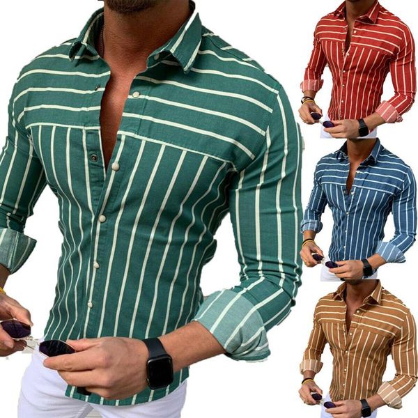 

men business stripe print turn down collar button long sleeve shirt top, White;black