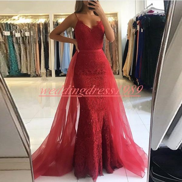 Sexy Memaid Lace Red Straps Vestidos de Noite Pageant Com Remover Tule Saia Plus Size Partido Árabe Vestido de Baile Robe De Soiree Convidado Formal