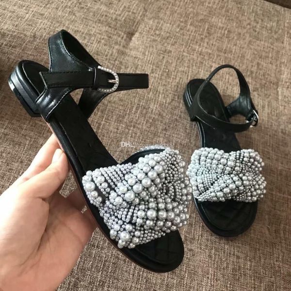 

2019ss pearls sheepskin summer sandals flat heel outdoor prom party shoes with box, Black