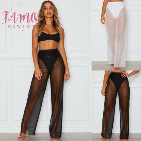 

летний женский пляж sexy mesh sheer высокой талией брюки бикини cover up расклешенных брюках drop доставка, Black;white