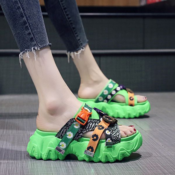 

beach shoes slippers women summer slides platform heeled mules pantofle sabot flat heels 2020 buckle strap high, Black