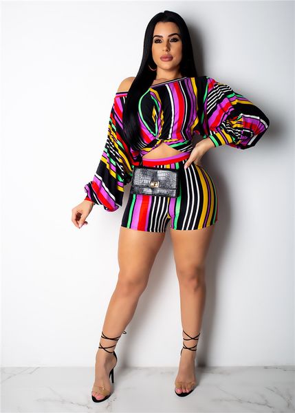 

girls striped slash neck puff sleeve pub suit dew waist 2pcs women two piece summer outfits, White