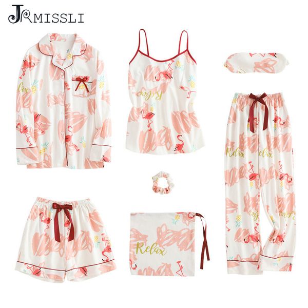 

jrmissli 2019 spring summer flamingo 7 pieces set sleepwear cotton elegant women pajamas sets full pink pajama set lounge, Blue;gray