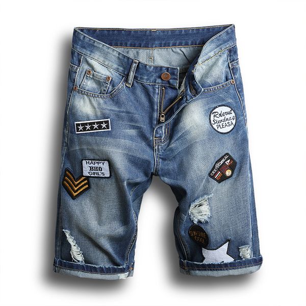 

casual hole jean new 2018 summer punk ripped jeans short men blue knee length