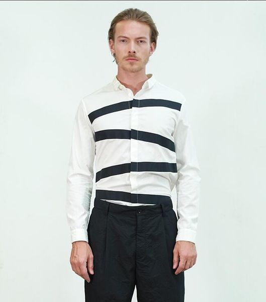 

customized plus size s-6xl new male hair stylist fashion retro design sensitive stripe slim stitching long sleeve shirt, White;black