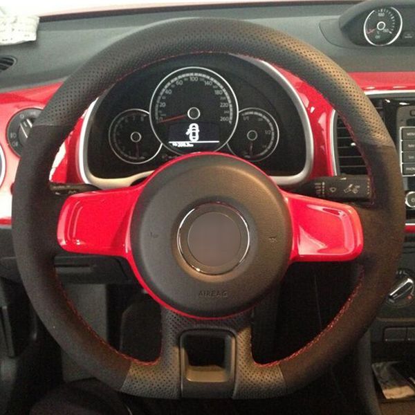 

black leather black suede car steering wheel cover for vw beetle 2012-2016