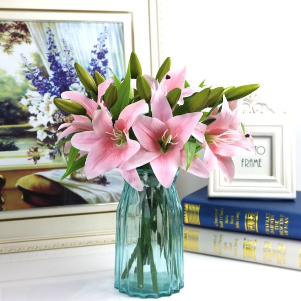 

single 3 head film feel pve lily artificial flower plastic flower wedding decoration high-grade fake flower