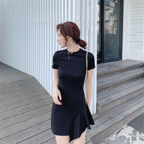 

casual dresses real s 2021 fashion summer retro rhinestone irregular black short-sleeved dress female vacation short, Black;gray