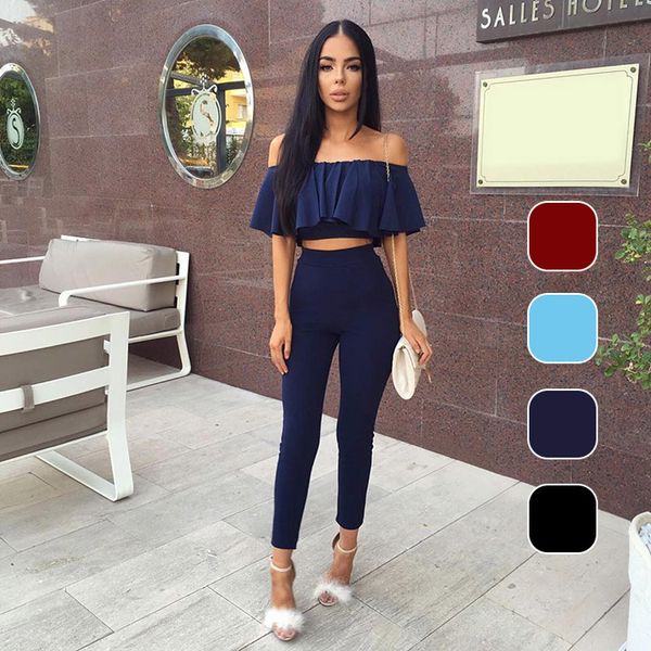 

fashion women two piece set pants off shoulder ruffle ladies solid color blouse tight trousers bodysuit ensemble femme, White